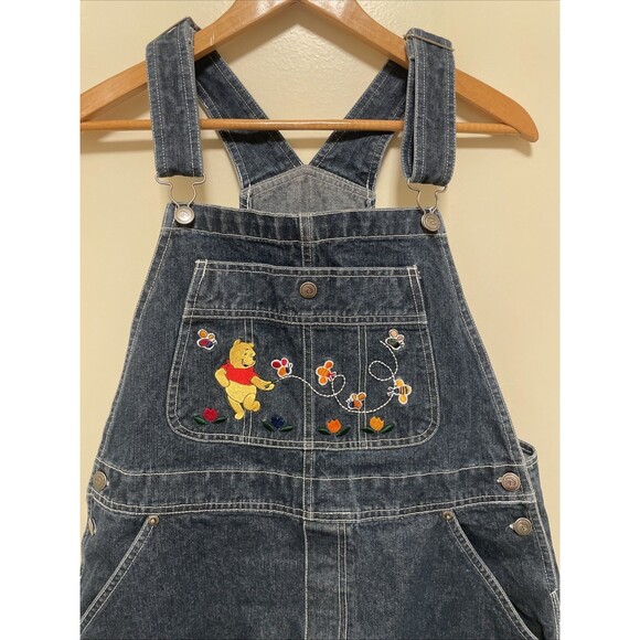 Vtg Winnie The Pooh Denim Overalls Bibs Women Size Large Disney Embroidered 90s - Picture 1 of 11